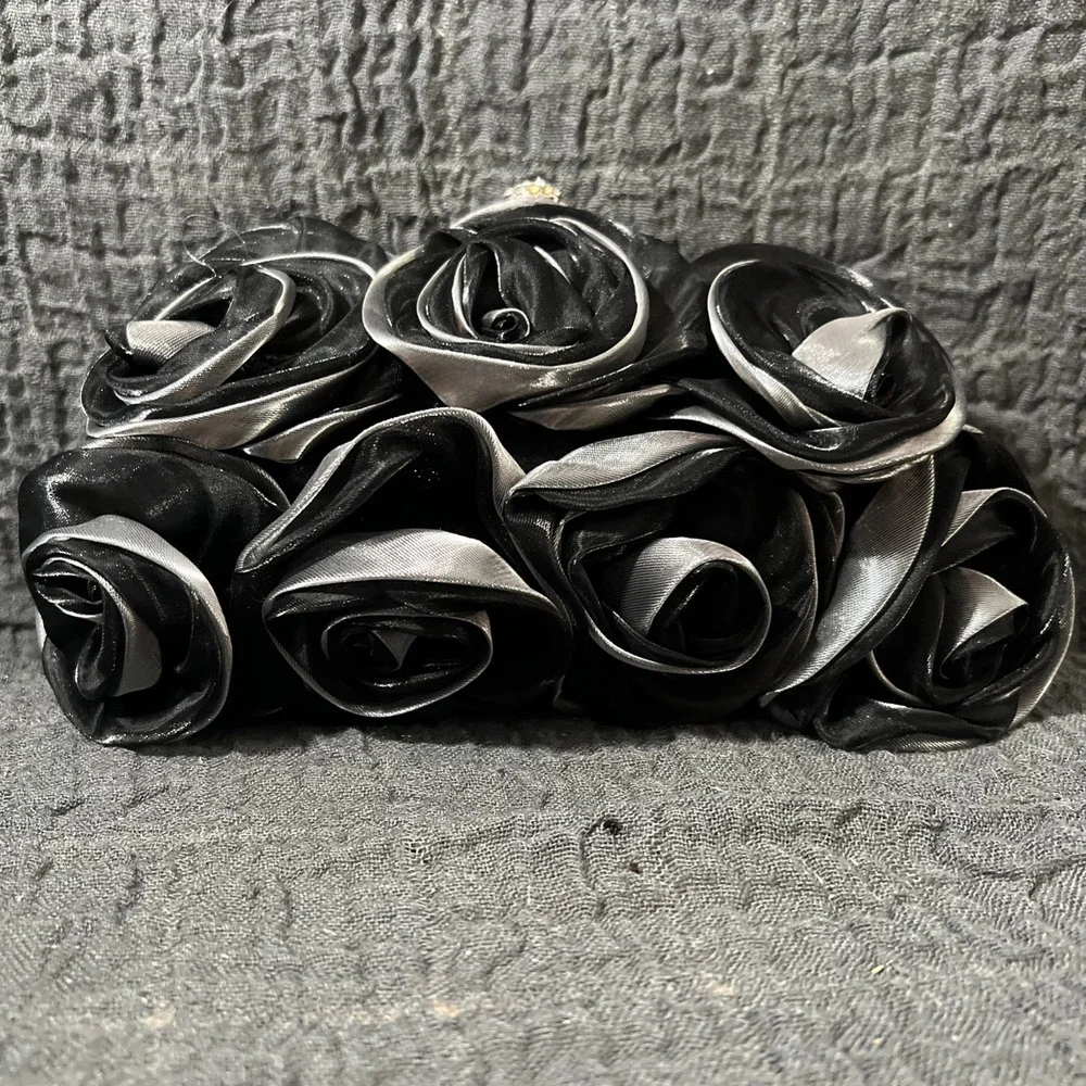 Women Satin Rose Rhinestone Black / Gray Color Handbag Silver tone chain - Picture 12 of 14